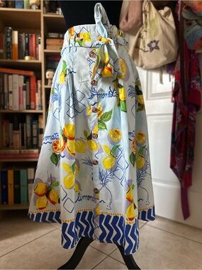 Her Destiny Italian Lemon Print Midi Skirt | Size Small | Belted Button Down